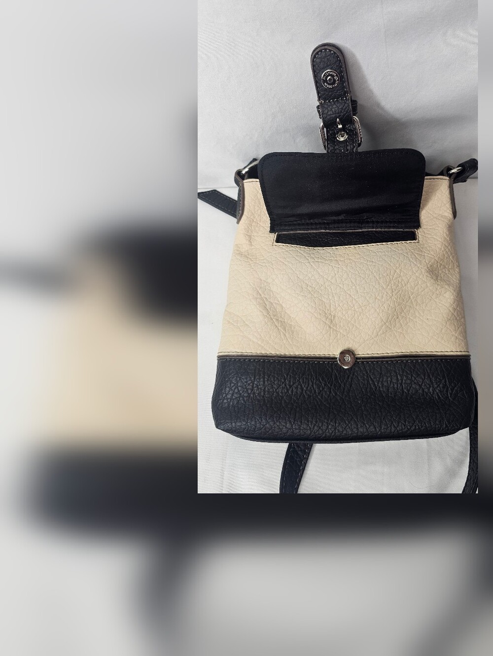 Nine West Pebbled Crossbody Bag Black Cream Two Tone Messenger Purse Buckle - Picture 11 of 16